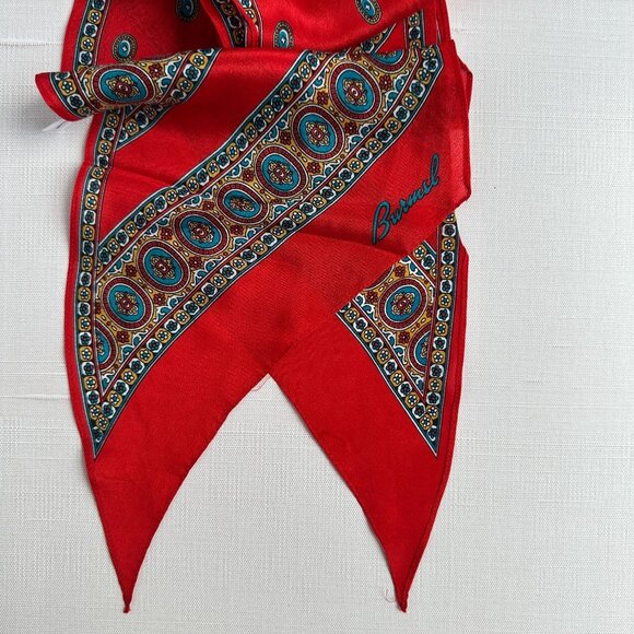 Vintage Burmel Silk Skinny Scarf, 7 x 60 Red Gold Geometric Print, Made in Japan - Picture 1 of 7